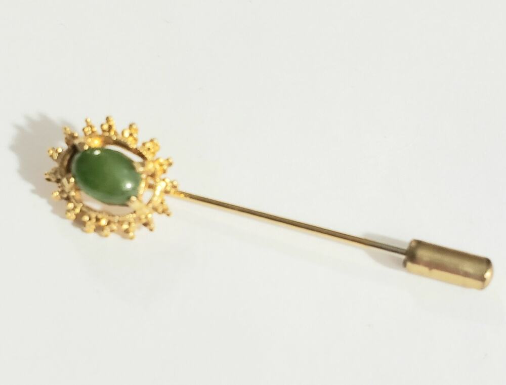Vintage Green Glass Stick Pin 1980s Gold-tone Elegant 2" Jadeite Glass go-121